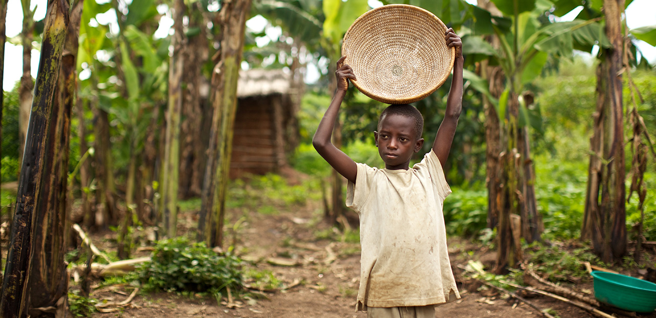 Photo of a boy holding a large bowl in a forest