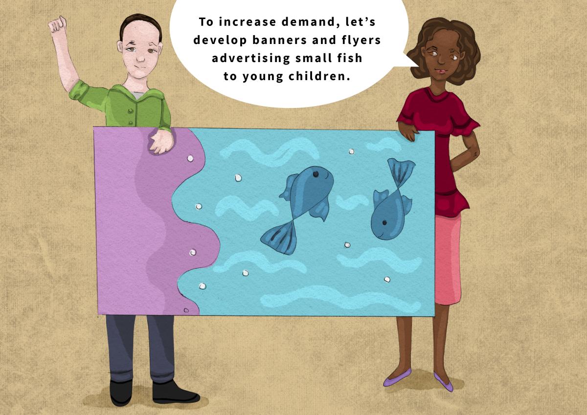 Illustration of two people holding up a advertising banner of small fish, in order to advertise to young children