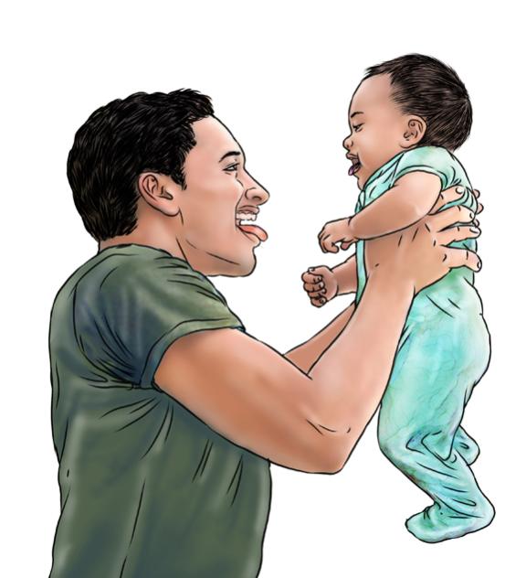 Padre jugando con su pequeño bebé, mientras sonríe.