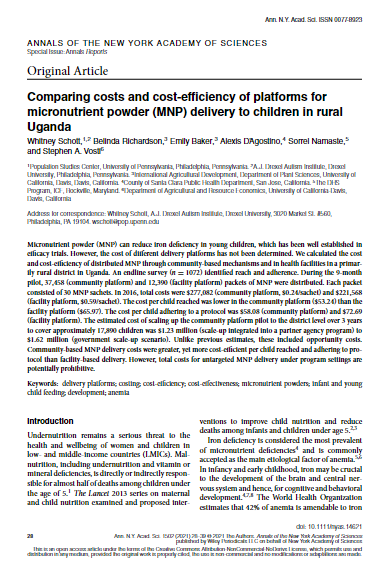 Comparing costs and cost-efficiency of platforms for micronutrient powder (MNP) delivery to children in rural Uganda.