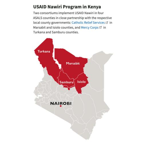 Illustration of the map of Kenya, with 4 counties highlighted; Isiolo, Marasabit, Samburu, and Turkana (all counties in north western Kenya.