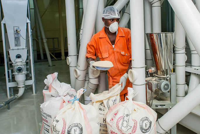 Man processing wheat in Uganda