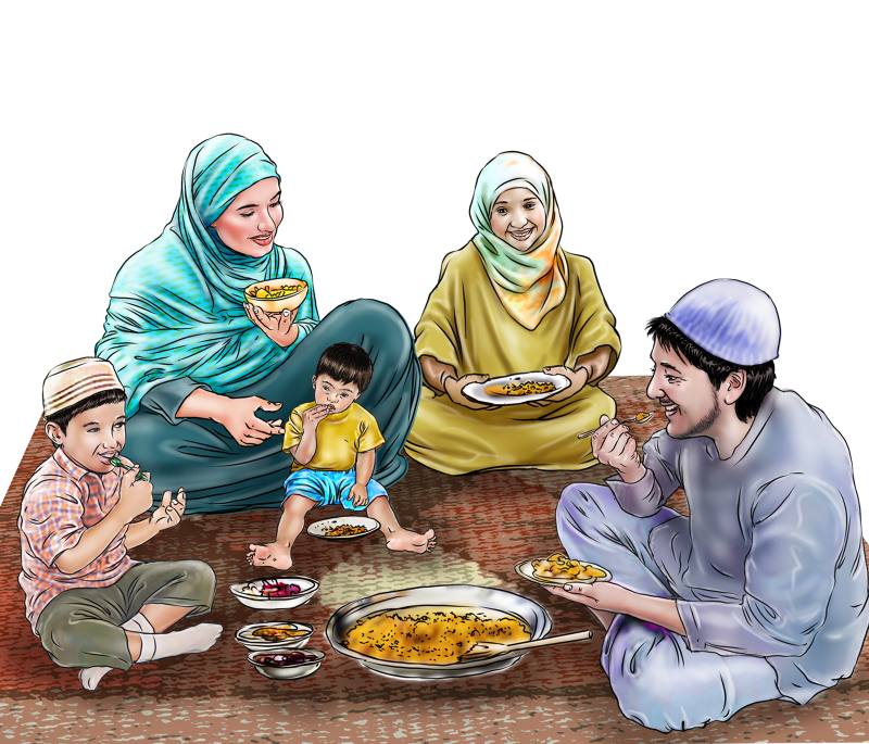 Illustration of a family of five with two small children eating food on a traditional mat