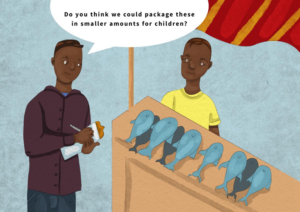 Illustration of man asking fish vendor if they can package them in smaller amounts for children