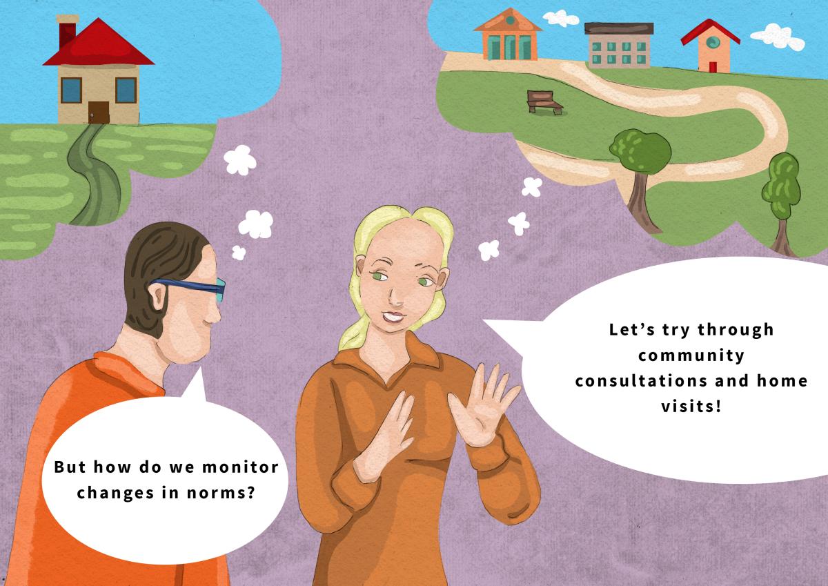 Illustration of man asking how to monitor changes in norms, while woman responds, Let's try through community consultations and visits!