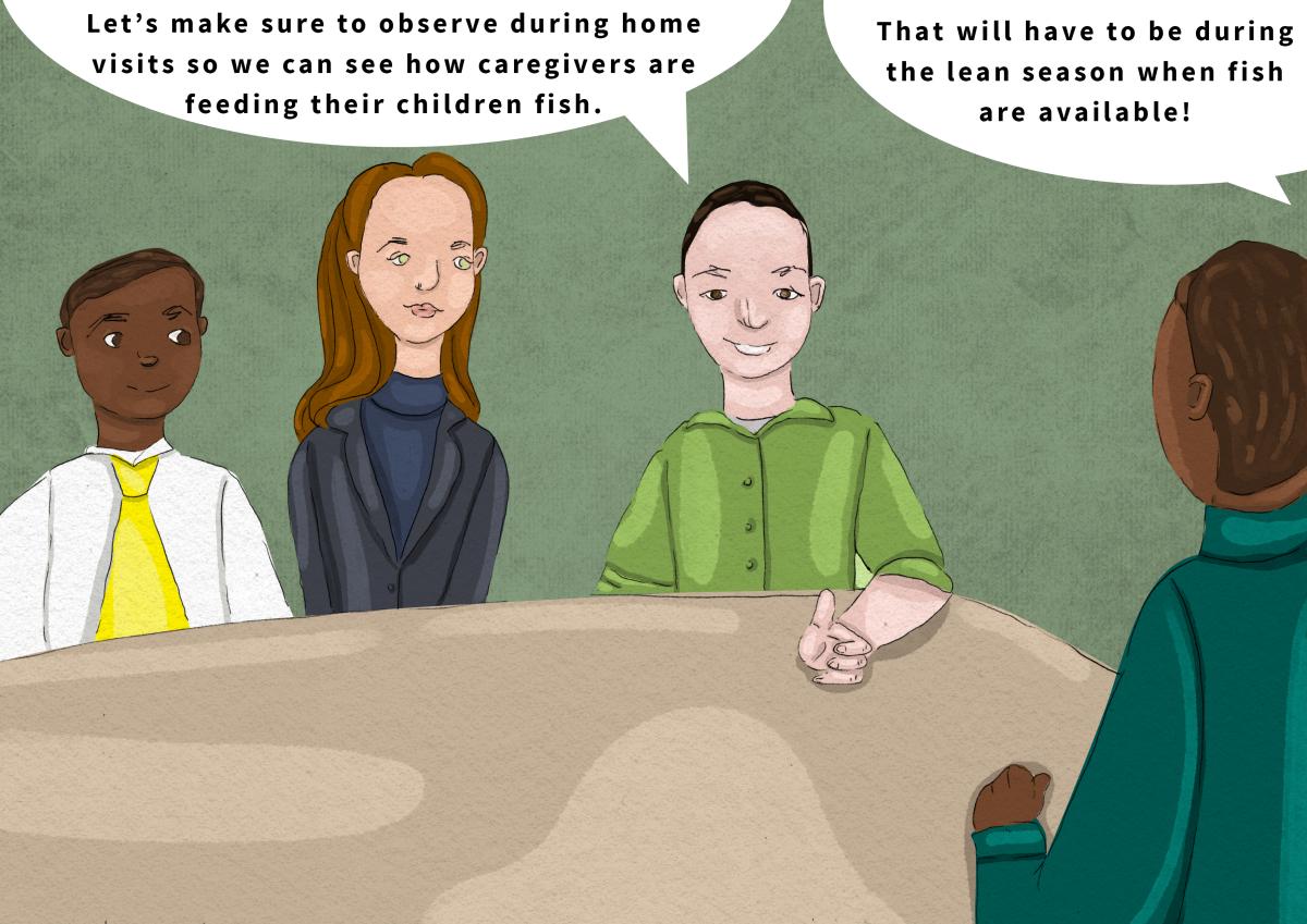 Illustration of four people meeting, make sure to observe during home visits so we can see how caregivers are feeding their children fish. As another responds, That will have to be during the lean season when fish are available!
