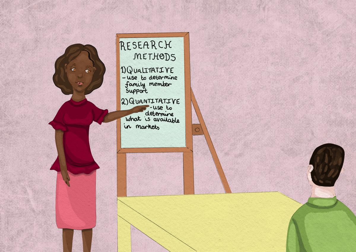 Illustration of a woman presenting research methods, qualitative vs quantitative