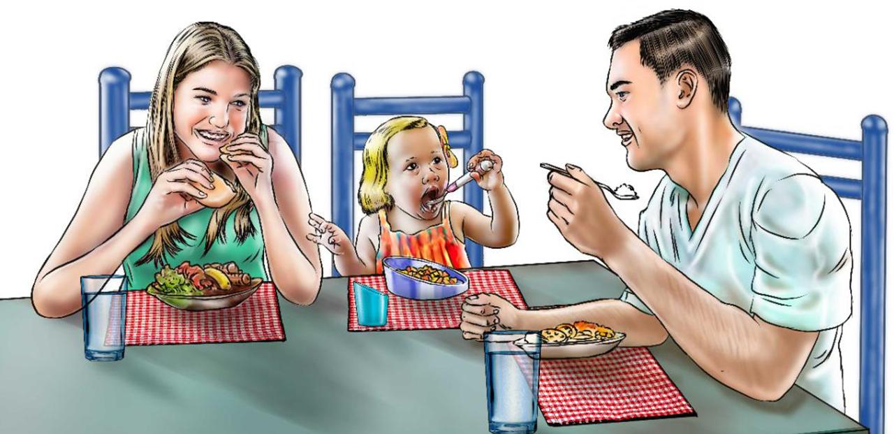 Illustration of a family of three, two parents and an infant eating at their table