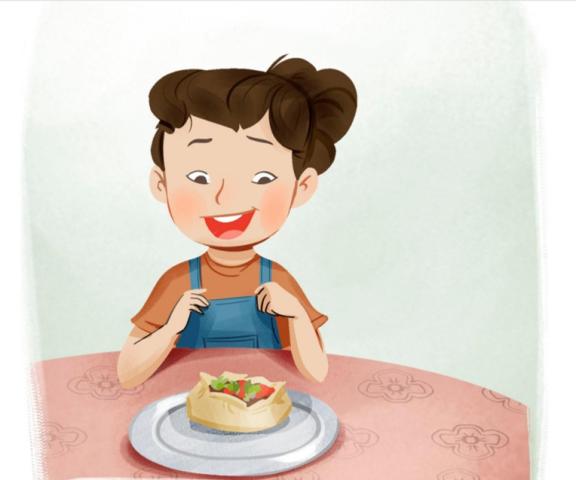 An illustration of a young girl with a plate of food on a table in front of her.