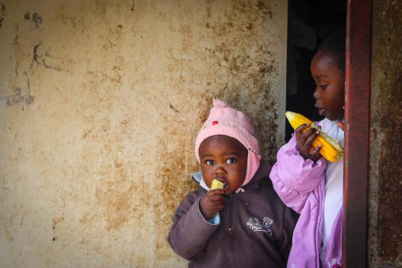 Two children standing at a door, eating biofortified maize.
