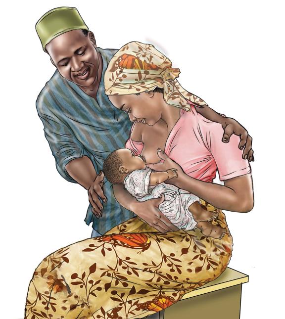 Illustration of a woman breastfeeding with her husband is supporting her.