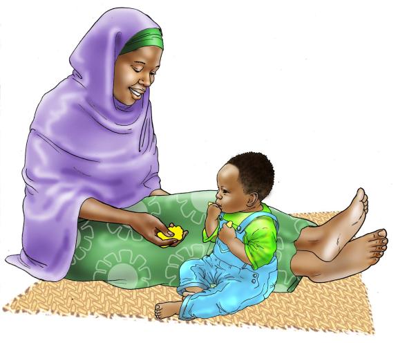 Illustration of a mother feeding her small infant on a mat.