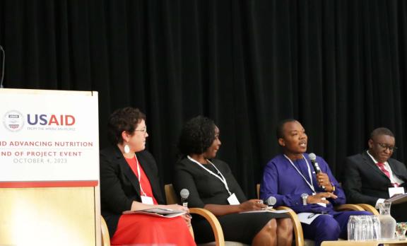 Panelists on stage during USAID Advancing Nutrition's end-of-project event.