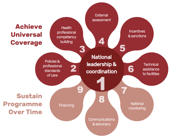 Graphic showing the 9 steps to Achieve Universal Coverage; Step 1. National Leadership and Coordination, Step 2. Policies & professional standards of care, Step 3. Health professional competency building, Step 4. External Assessment, Step 5. Incentives & sanctions, Step 6. Technical assistance to facilities, Step 7. National Monitoring, Step 8. Communications & Advocacy, Step 9. Financing