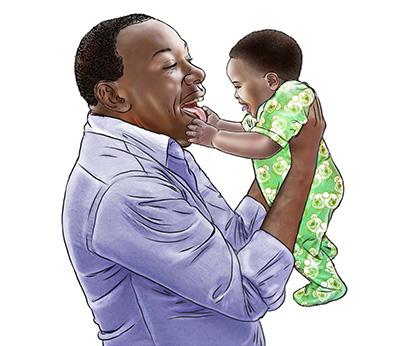 Illustration of father holding his young infant.