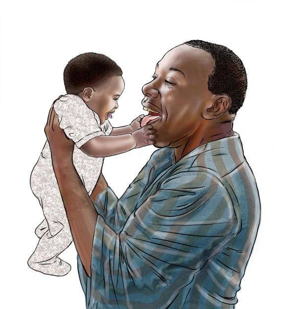 Illustration of a father sticking out his tongue while playing with baby.