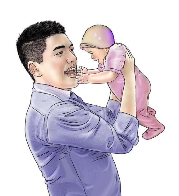 Illustration of a father holding their young child.