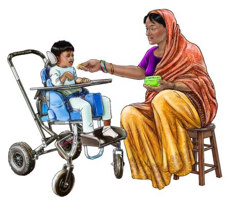 Illustration of a mother feeding a child in a wheelchair