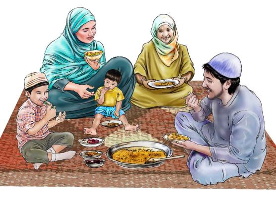 Illustration of five young people and children eating on a mat