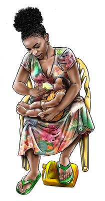 Illustration of a woman feeding an infant from a small bottle