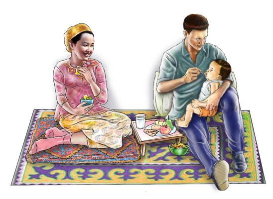 Illustration of a mother and father feeding an infant