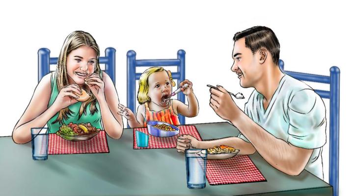 Illustration of mother and father at a table with young girl eating