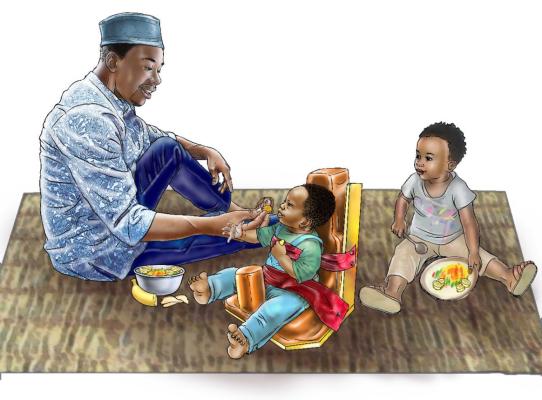 Illustration of a father feeding an infant with a younger child looking on
