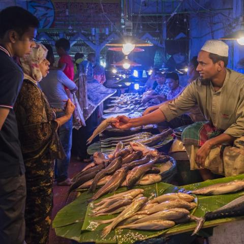 Couple bargaining with a Fish Seller