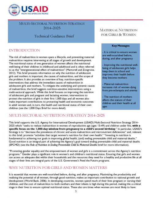 Cover of Maternal Nutrition for Girls and Women: Technical Guidance Brief