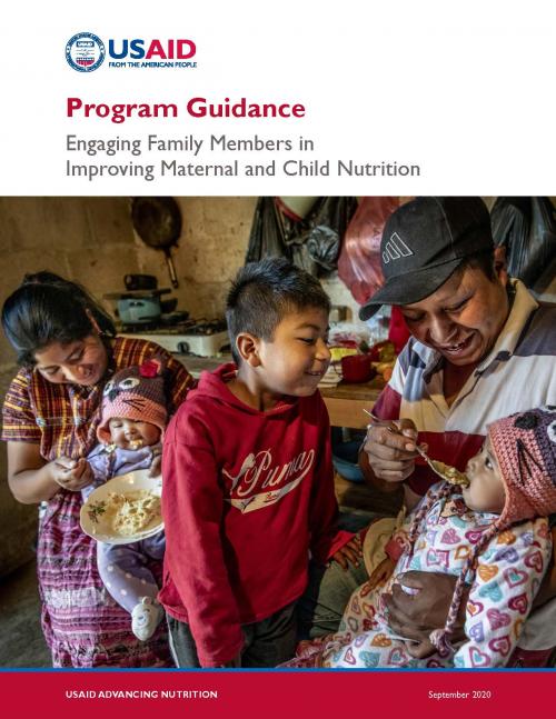 Cover Sheet for program guidance, shows a father holding and feeding his child, while his son looks on. The mother is in the background feeding another small child. 