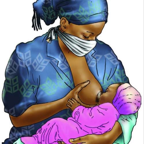 illustration of woman breastfeeding while wearing a face mask