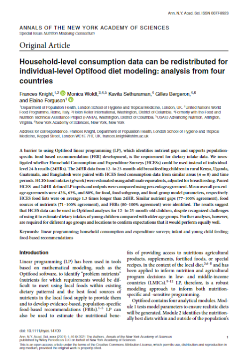 Household-level consumption data can be redistributed for individual-level Optifood diet modeling: analysis from four countries