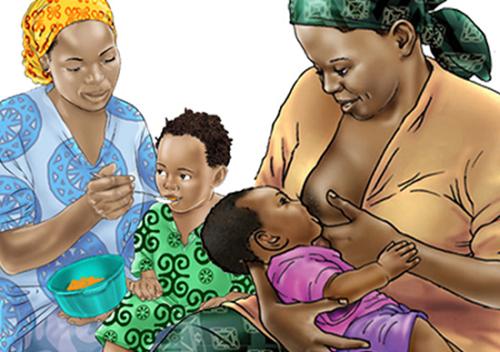 Two illustration, the illustration on the right shows a mother feeding her toddler baby food. The illustration on the right shows a mother breastfeeding her young infant.