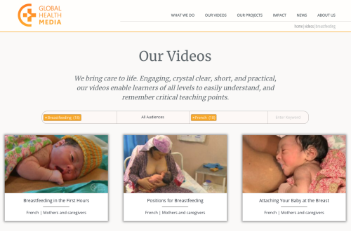 Screenshot of the website, which has three thumbnails of women breastfeeding their infants.