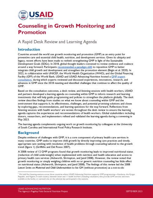 Counseling in Growth Monitoring and Promotion: A Rapid Desk Review and  Learning Agenda