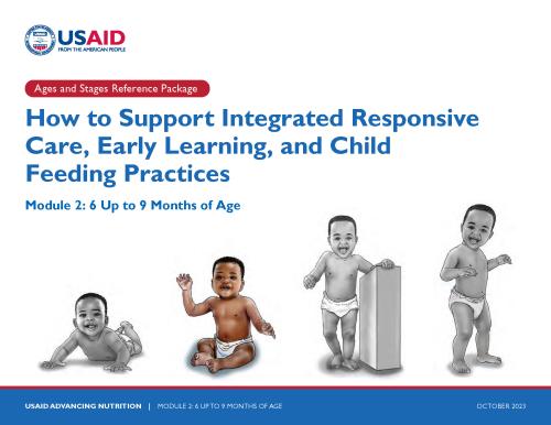 Four illustrations, the first shows a baby smiling and crawling while wearing a diaper, next shows a smiling baby with a diaper, sitting and raising his right hand, then a smiling baby with a diaper, standing on his own, using a block for support on his left side, and lastly a smiling baby with a diaper, standing on his own without any support.