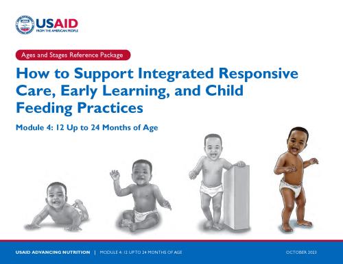 Four illustrations, the first shows a baby smiling and crawling while wearing a diaper, next shows a smiling baby with a diaper, sitting and raising his right hand, then a smiling baby with a diaper, standing on his own, using a block for support on his left side, and lastly a smiling baby with a diaper, standing on his own without any support.
