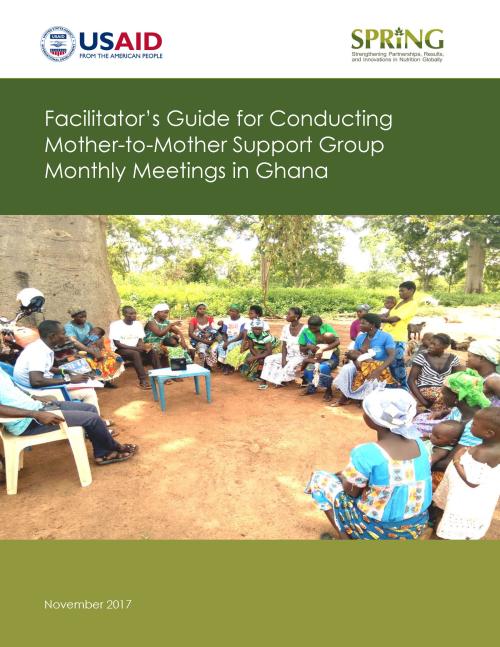About a dozen women with their children and several facilitators sitting outside in chairs for a mother-to-mother support group meeting in Ghana.