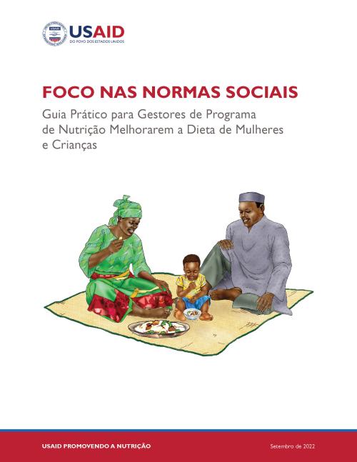 Um pôster ilustrativo mostra uma criança sentada entre um homem e uma mulher, compartilhando uma refeição. Eles estão vestidos com várias cores e cercados por pratos contendo alimentos como frutas e pão.
