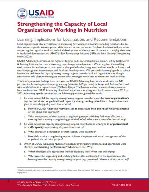 Strengthening the Capacity of Local Organizations Working in Nutrition